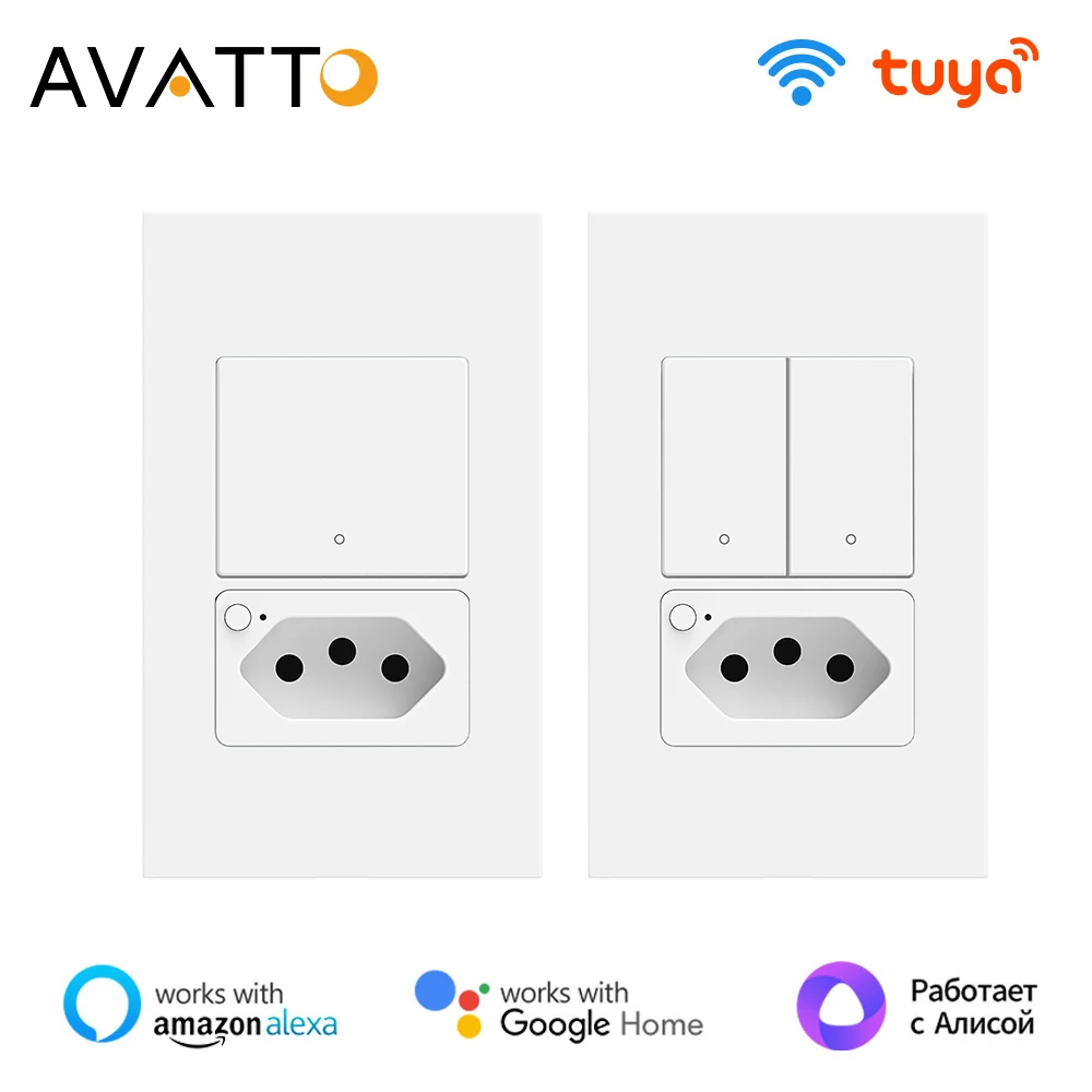 

AVATTO Tuya WiFi Brazil Стандартный умный настенный выключатель и розетка, панель 4X2 1/2 кнопочный выключатель света работает с Alexa, Google Home
