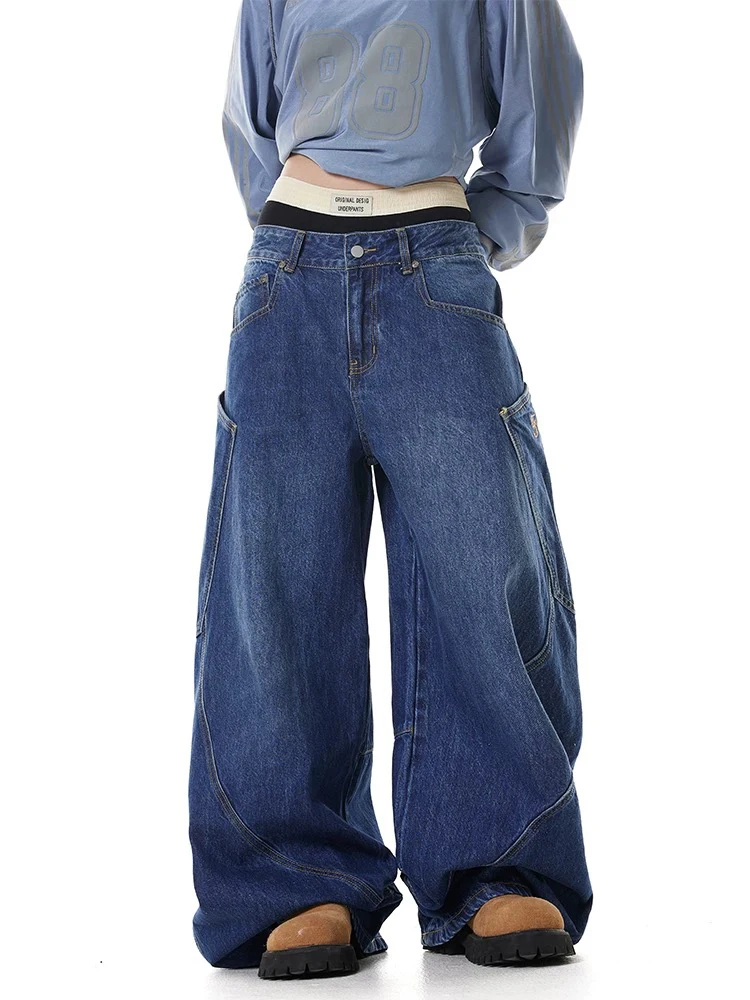 Retro Lose Frauen Jeans Mode Straße Schlank Hohe Taille Frau Jeans Blau Einfache Grund Chic Gestickte Breite Bein Hosen Weibliche