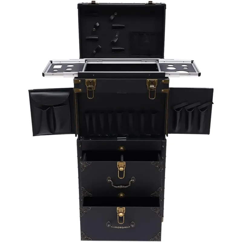 Rolling Lockable Makeup Train Case Hairdressing Trolley Travel Organizer Tool Box Stylist Beauty Salon Cosmetic Luggage with