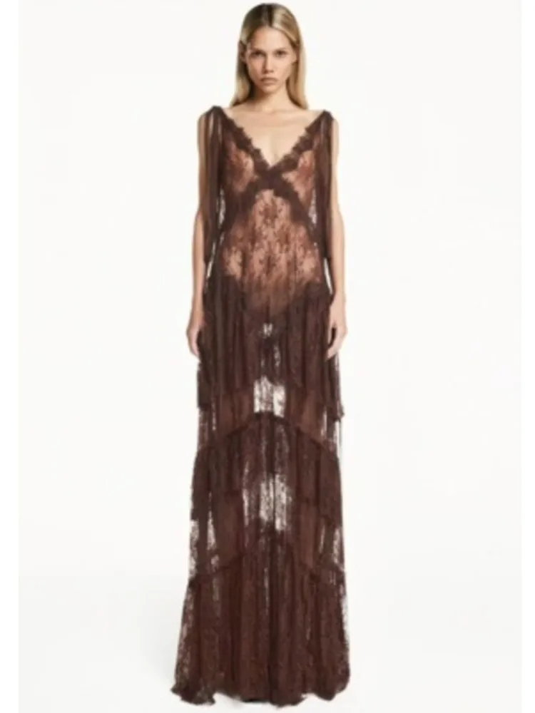 

Sexy Women Long Beach Dress Hollow-Out V-Neck Sleeveless Bikini Cover-Ups Maxi Dress Fall Backless Holiday Lace Dress 2026