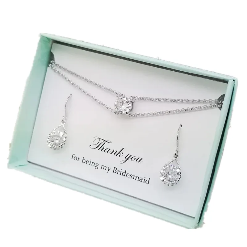 

Custom Silver Teardrop Design Earrings with Round shape Crystal Bracelet Set, Bridesmaid Jewelry Message Gift Box