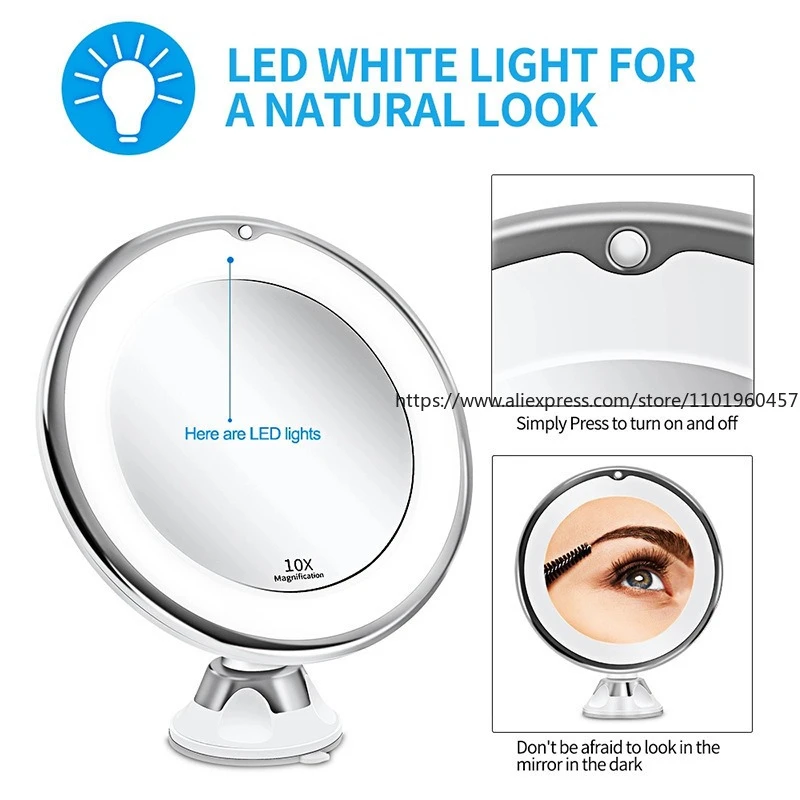 Makeup Mirror with Led Filling Light 10X Times Magnification Dry Battery Suction Cup Folding Beauty Mirror Cross-border New