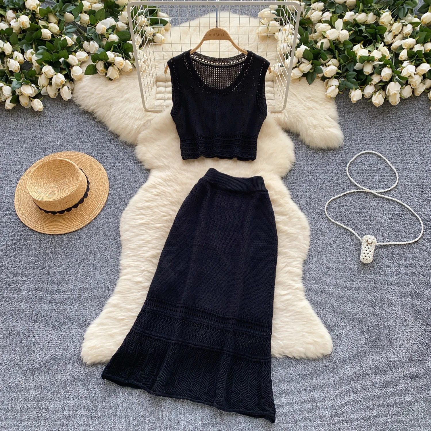 2024 Fashion Women'S Summer Dress French Gentle Elegant Set Hook Flower Hollow Knit Vest High Fanny Pack Hip Skirt Two-Piece Set