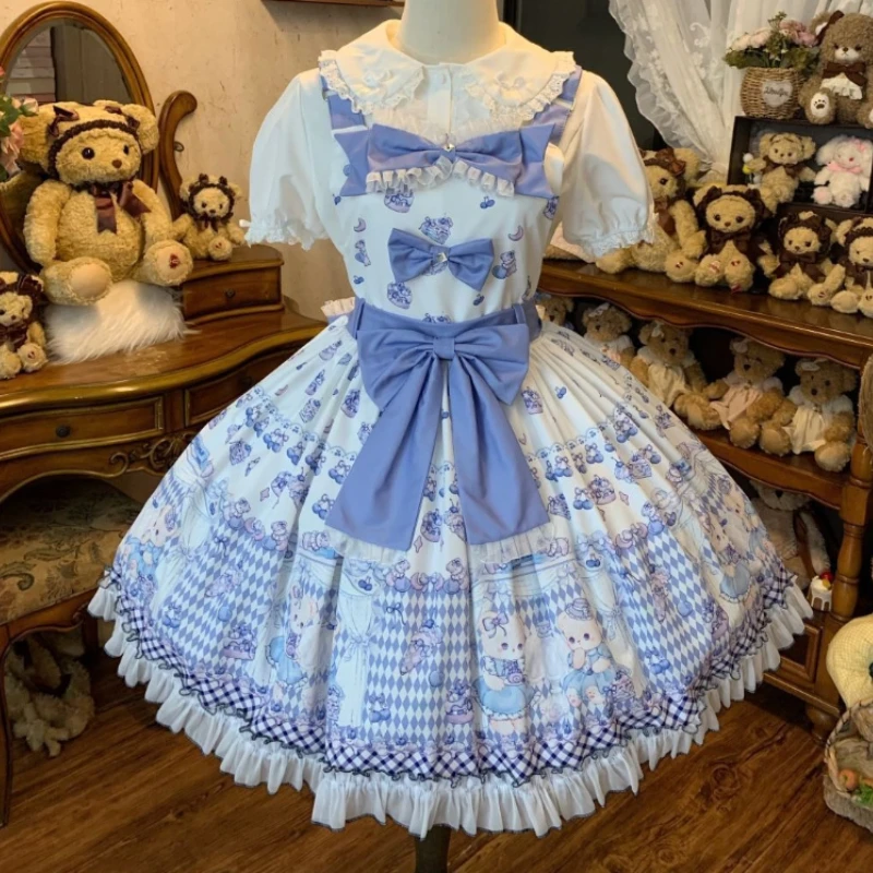 Süßes Lolita JSK-Kleid für Damen, Kawaii, niedlicher Cartoon-Bär-Druck, Schleife, ärmellose Trägerkleider, japanischer Stil, Y2k, schmales Party-Minikleid