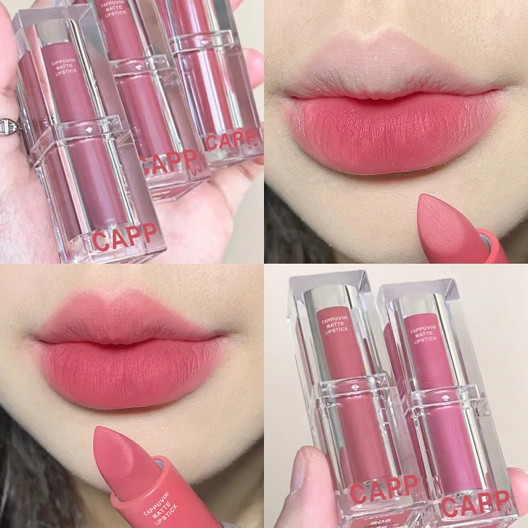 Cappuvini อะคริลิคใสลิปสติก Matte Matte โรแมนติกลิปสติกอบเชยพีชสีขาวอูหลงนักเรียนถูกสีขาว