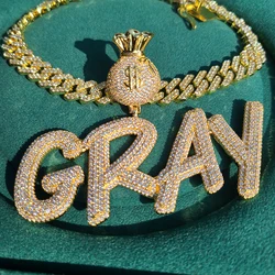Custom Name Pendant with Money Bag Hook AAAA Iced Out Cubic Zirconia Words Necklace  Hip Hop Jewelry for Gift