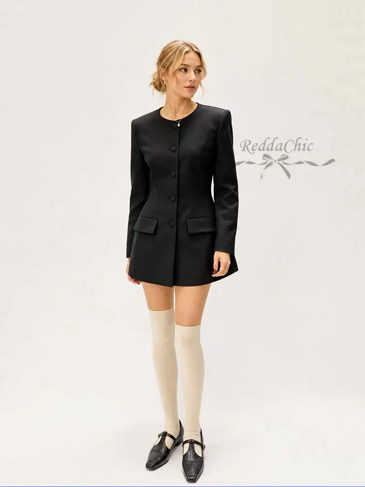 REDDACHiC Simple Black Extra-long Women Blazer Versatile Solid Cleanfit Single-breasted Slim Suit Jacket Trendy Autumn Clothes