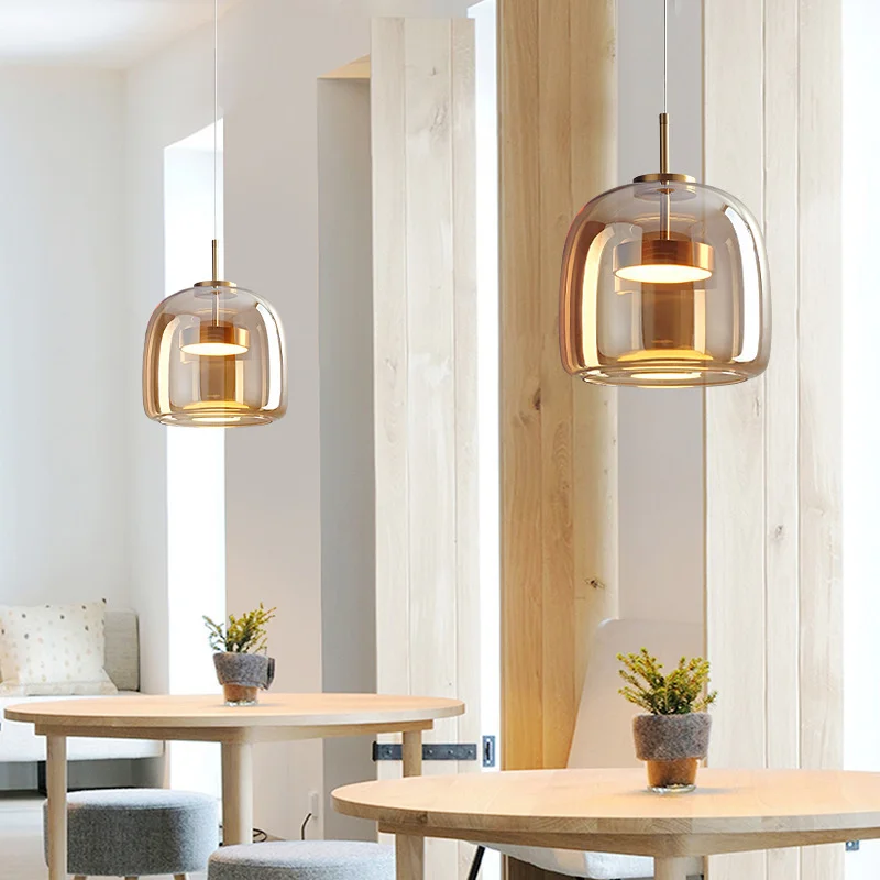 

Nordic postmodern glass restaurant pendant light, simple high-end gray, simple bedroom headboard pendant light
