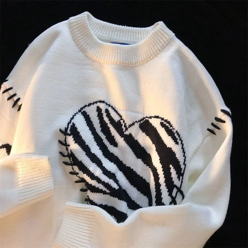 Love Zebra Pattern Oversized Sweater Women And Men Autumn Winter Wear 2022 New Harajuku Simple Retro Lazy Couple Pullover Tops