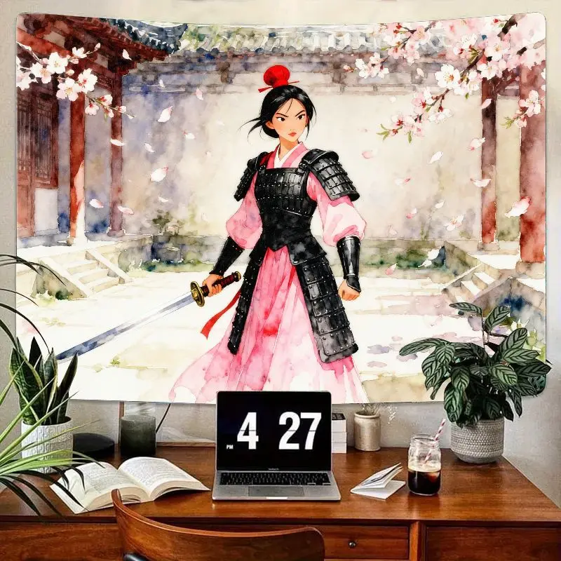

1PC Mulan Inspired Warrior Tapestry Pink Dress Armor Sword Watercolor Wall Art Decor | Cherry Blossom Asian Aesthetic for Room G