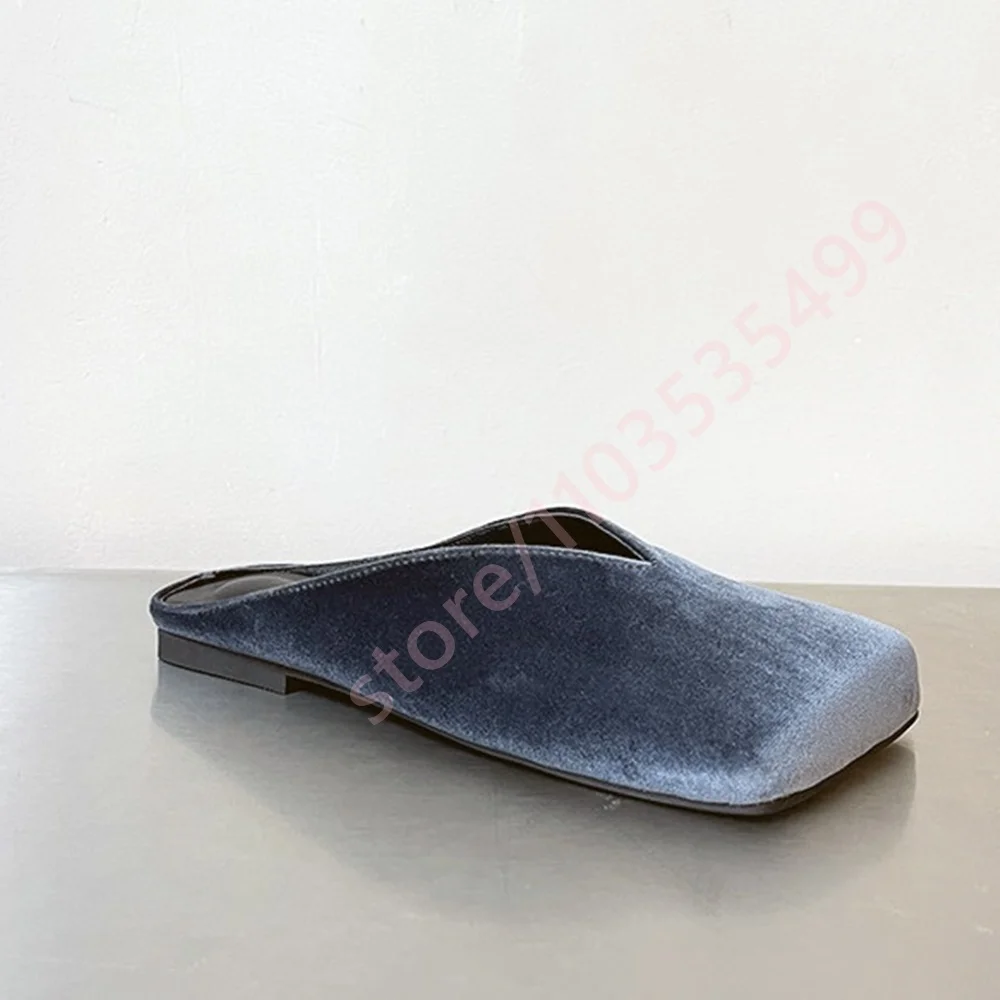 Summer 2026 Grey Square Toe Women's Mules Fashion Velvet Slip-On Flat Shoes Street Style Casual Sandals for Outdoor Wear