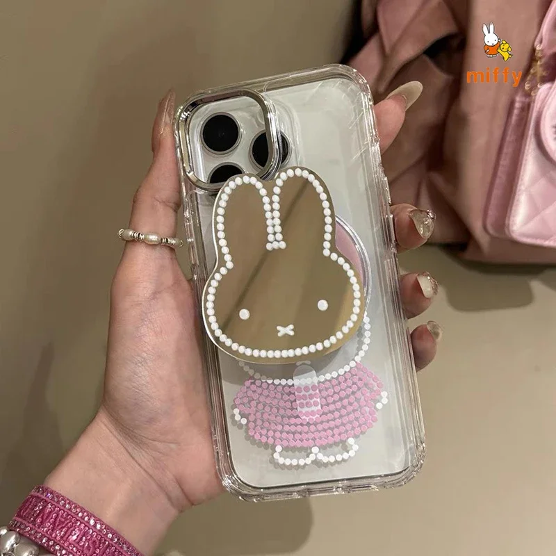 

Kawaii Miffy Phone Shell Suitable for Iphone 16 15 14 13 Transparent Anti Drop Phone Case Creative Mirror Face Magnetic Holder