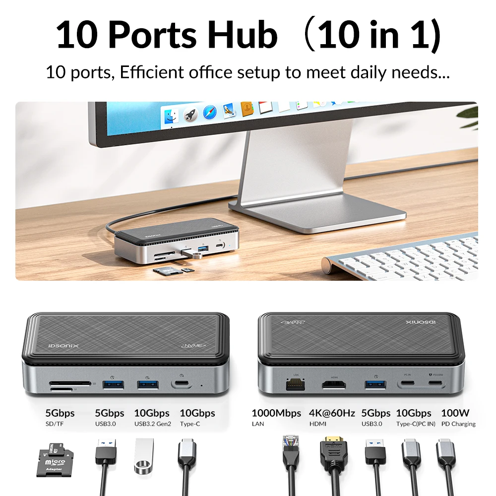 iDsonix NVMe Enclosure 10Gbps USB 3.2 HUB Docking Station SATA SSD Case Multiport USB Splitter HDMI-compatible SD/TF Card Reader