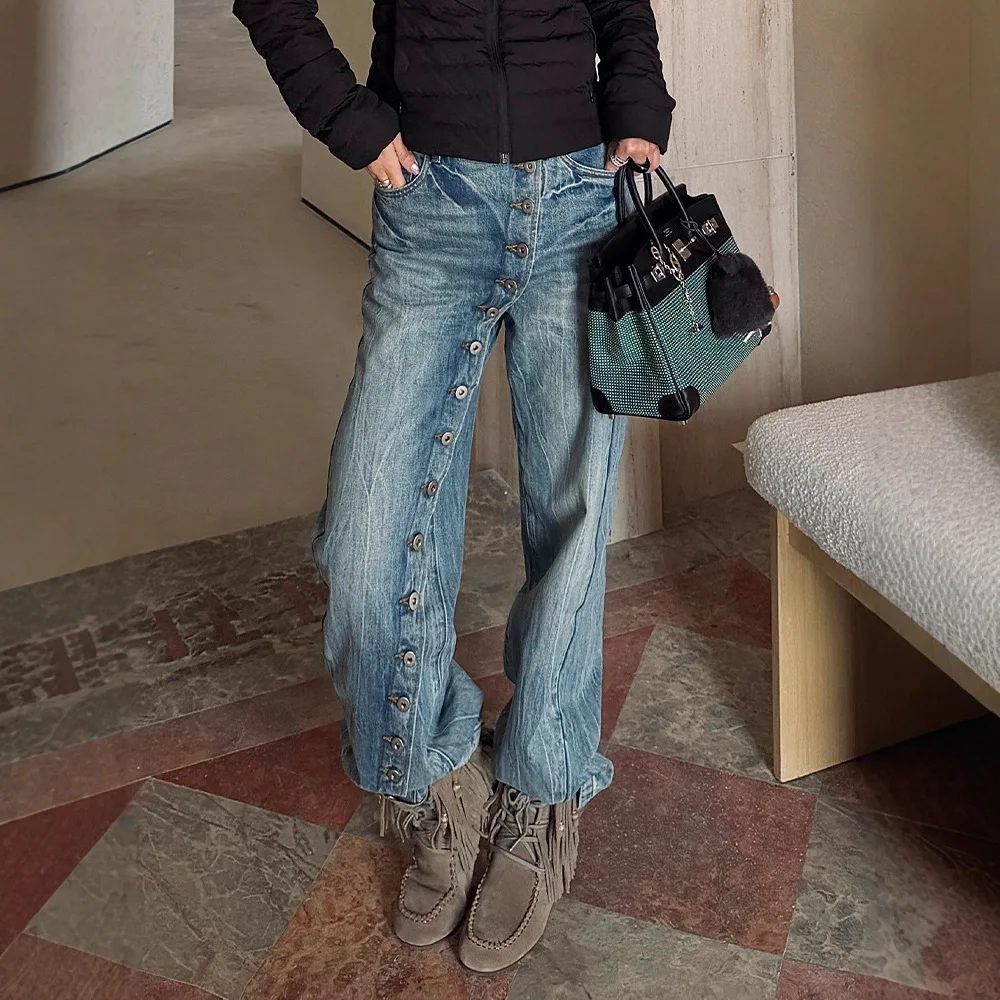 American Hot Girl Niche Design Jeans for Women, Retro Aged Washed Diagonal Placket Buttons Casual Floor Mopping Pants