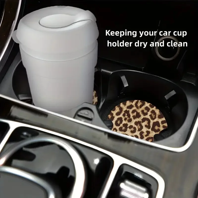 2Pcs PU Leather Car Mats - Non-Slip, Heat-Resistant Cup Holders With Vehicle Interior Accessories, Leopard Print Design, Car Int