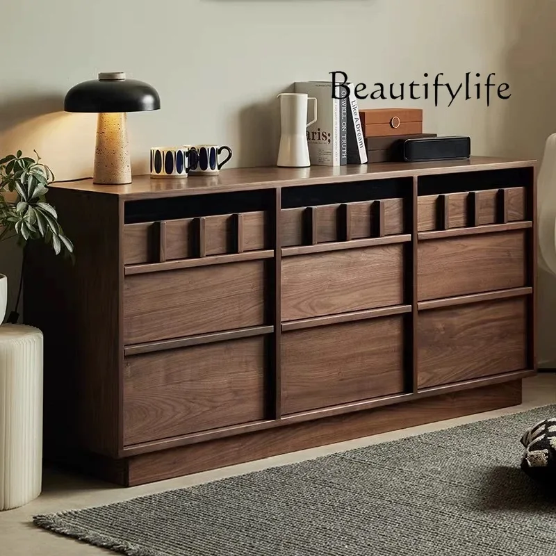 

Nordic black walnut solid wood nine chest cabinet living room retro bone line storage drawer cabinet