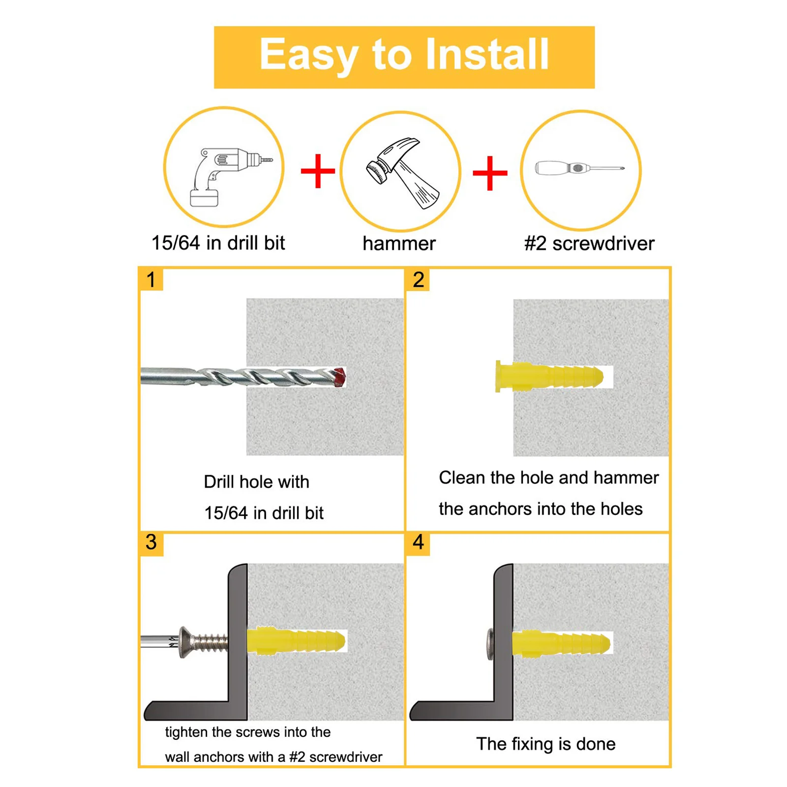 

100 pcs Yellow Wall Anchors Stainless Steel Self-Tapping Screws Anti-Rotation Expansion Sleeve For Drywall Hollow Walls Fixing