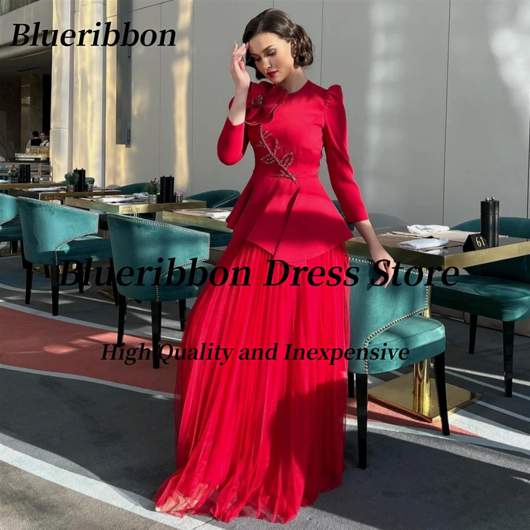 Blueribbon Red Saudi Arabia Women Wear A Line Evening Dresses with Flower Beaded Long Sleeves Prom Dress Zipper Back Vestidos De