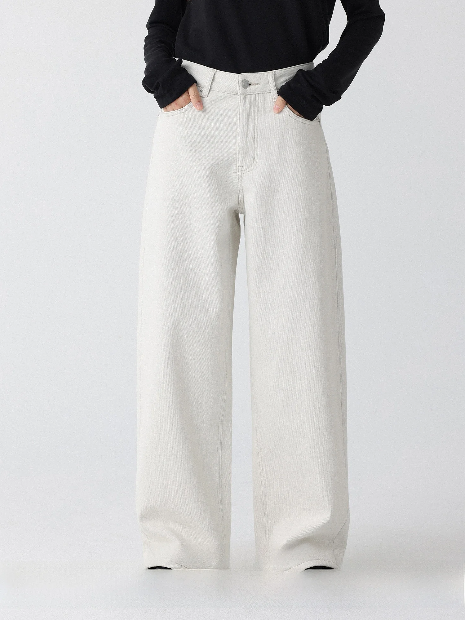 LowCalorie High Waist Straight Leg Fleece Lined White Casual Jeans Micro Arc Tailoring Ladies Premium Quality Winter Denim