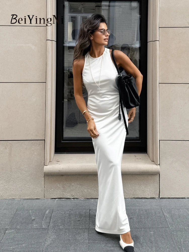 

Beiyingni Dresses 2025 Woman Elegant Sexy French Ball Gown Long White Knitting Sundress Female O-neck Sleeveless Dress Women