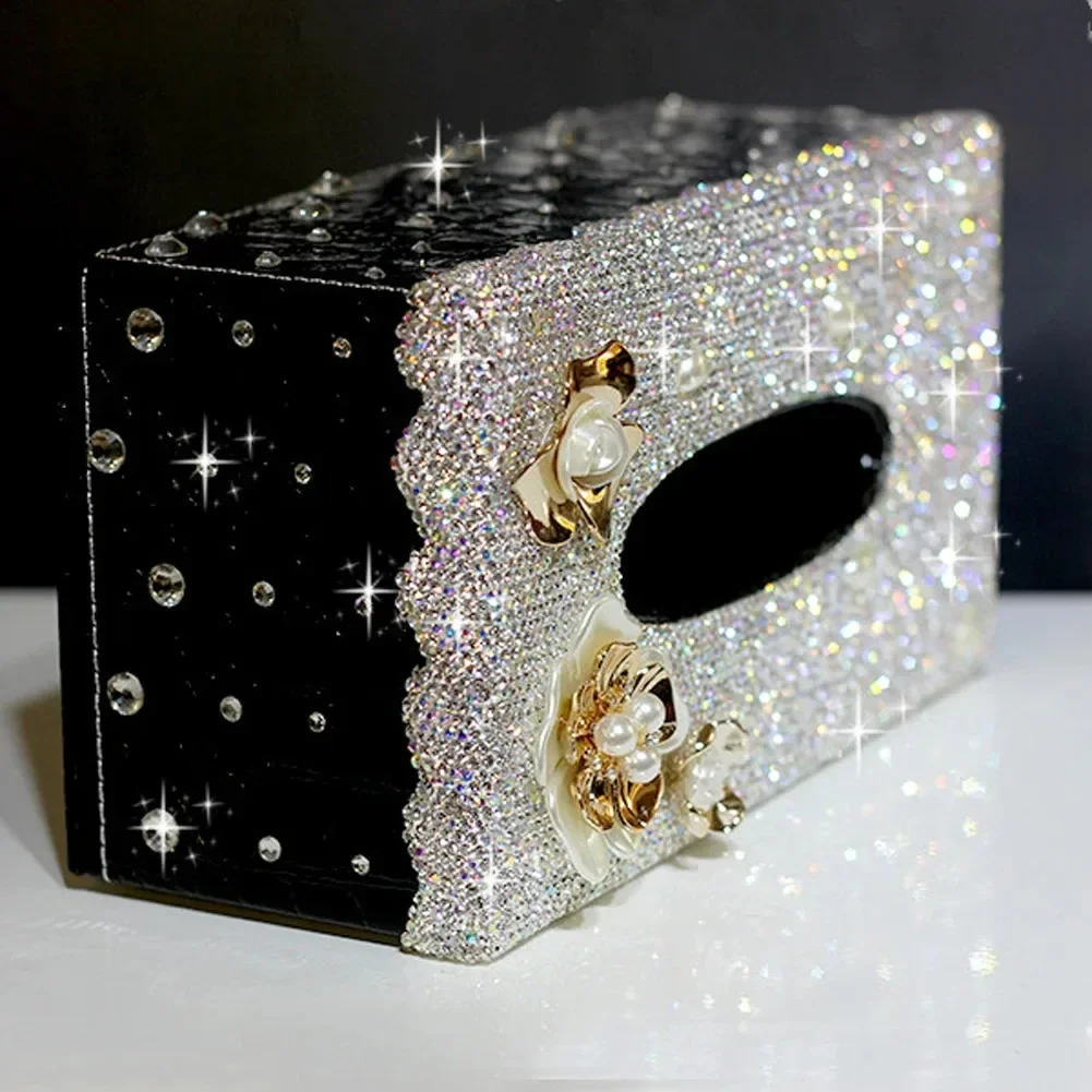 Luxury White Crystal Towel Paper Case with Flowers Great Gift for Women Girls Silver Crocodile Pattern Leather Car Tissue Box