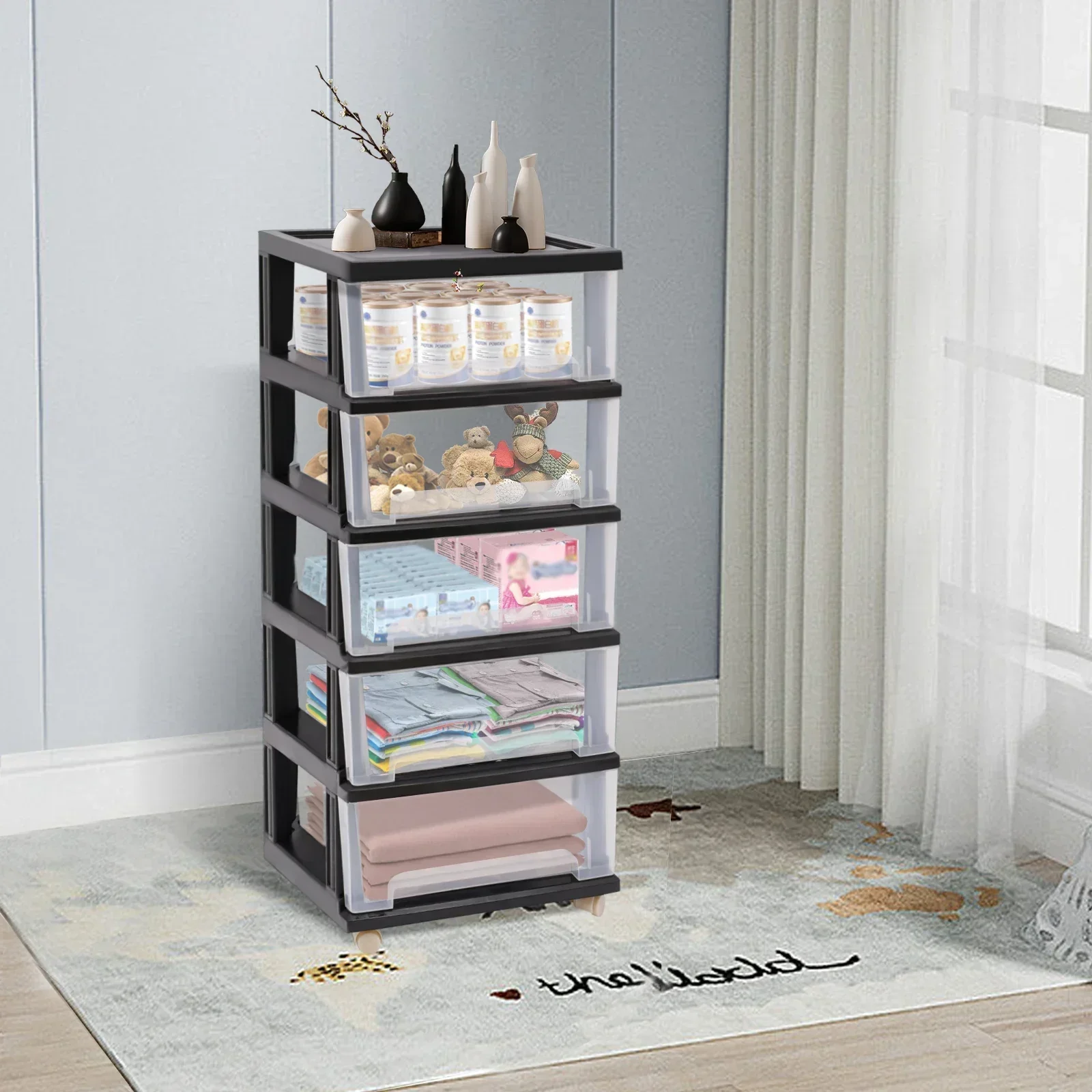 

Пластиковая тележка на колесиках, 5-ящик для хранения с колесиками, органайзер для хранения с прозрачным ящиком для домашнего офиса