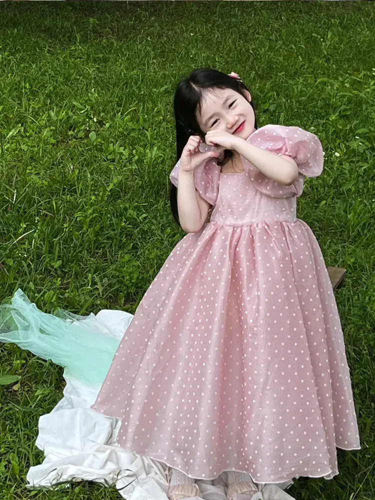 

Girls Mesh Polka Dot Dress Elegant Temperament 2025 Summer New Pink Pearl Gauze Polka Dot Fluffy Princess Dress
