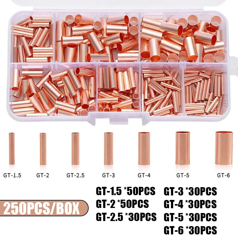 250pcs Copper Wire Crimp Ferrules Kit GT-1.5-6 Non Insulated Butt Connector Splice Tube Terminal for Car Home Electrical