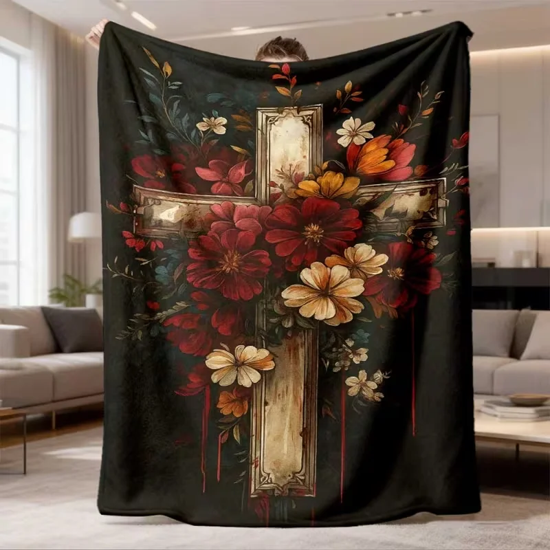 Vintage Floral Cross Throw Blanket Dark Background Rose Daisy Print Soft Warm Religious Faith Aesthetic Home Decor Blanket