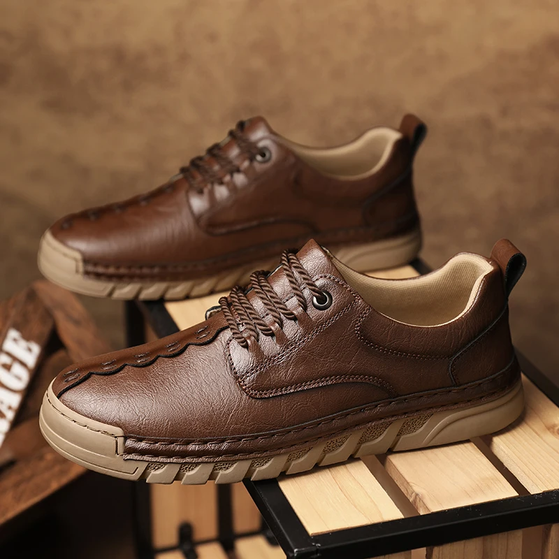 

Men Casual Shoes PU Hand Sewn Flat Bottomed Lace Up Comfortable Men Shoes