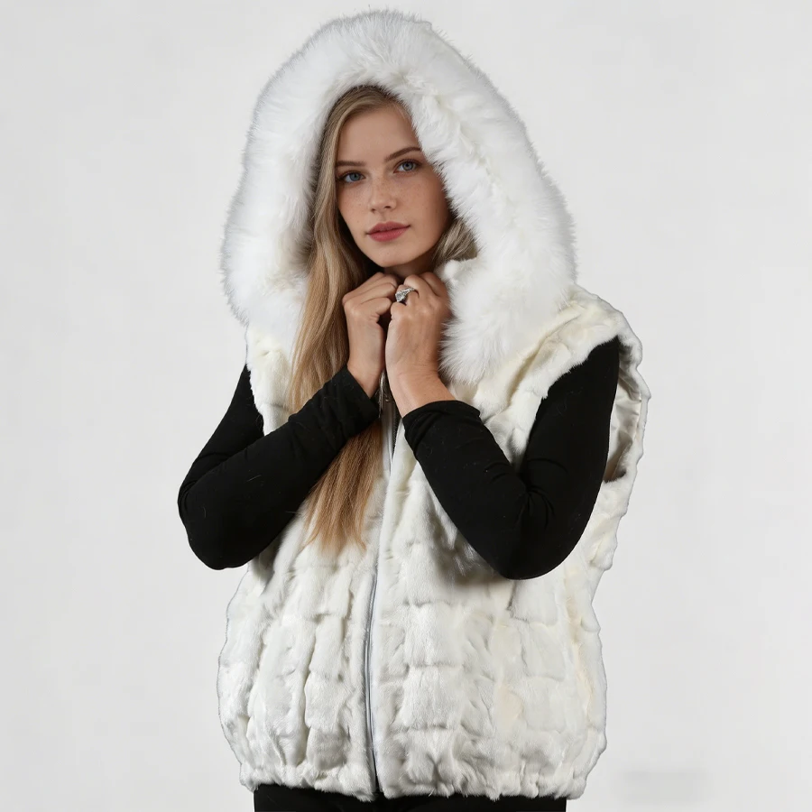 

White Mink Fur Vest With Detachable Fox Fur Hood Natural Fur Zippered Jacket Women's Snow Clothing Luxury Bomber Jacket
