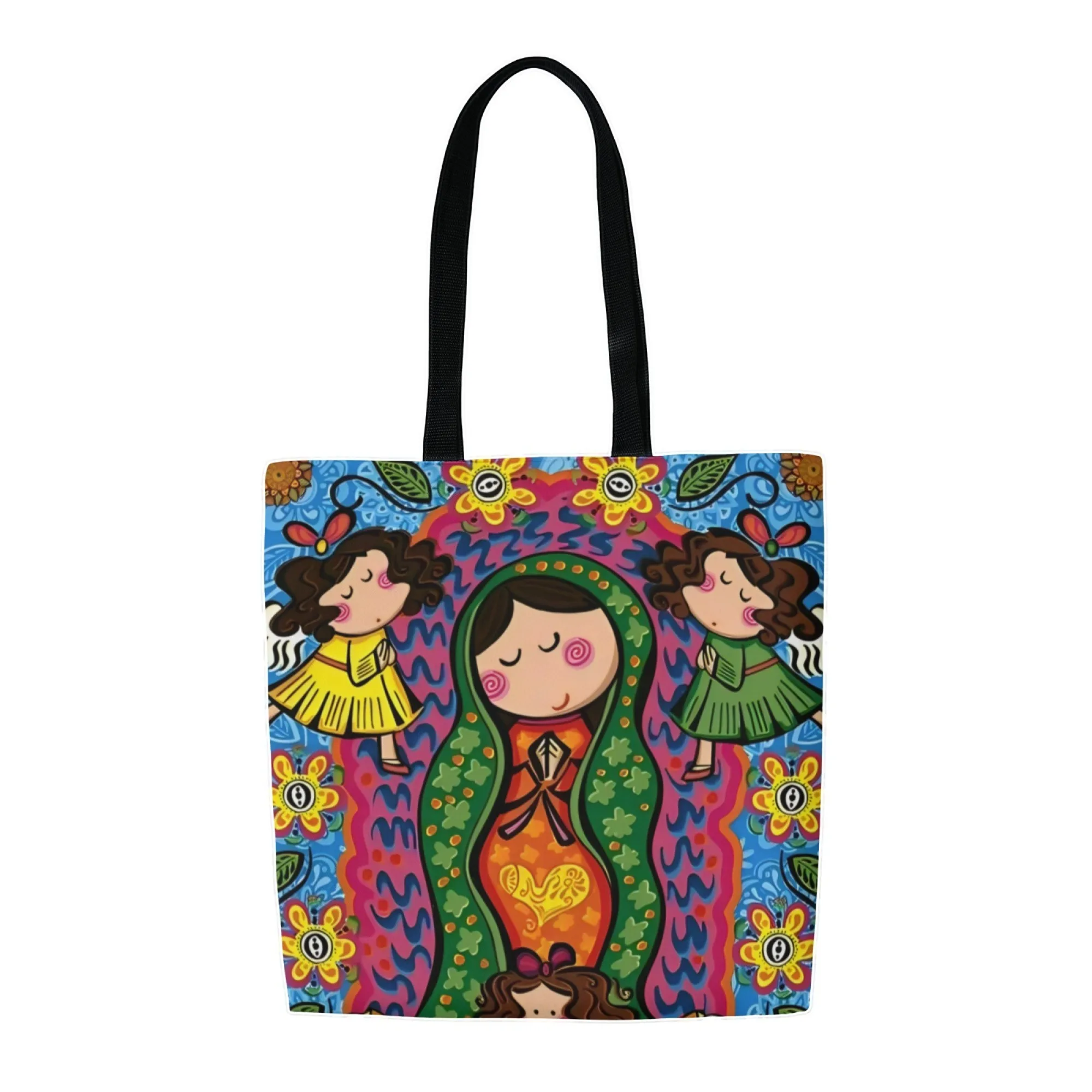 

Mexican Folk Bohemian Religious Art Canvas Tote Bag Our Lady Print Shoulder Bag Reusable Handbag for Ethnic Cultural Fans