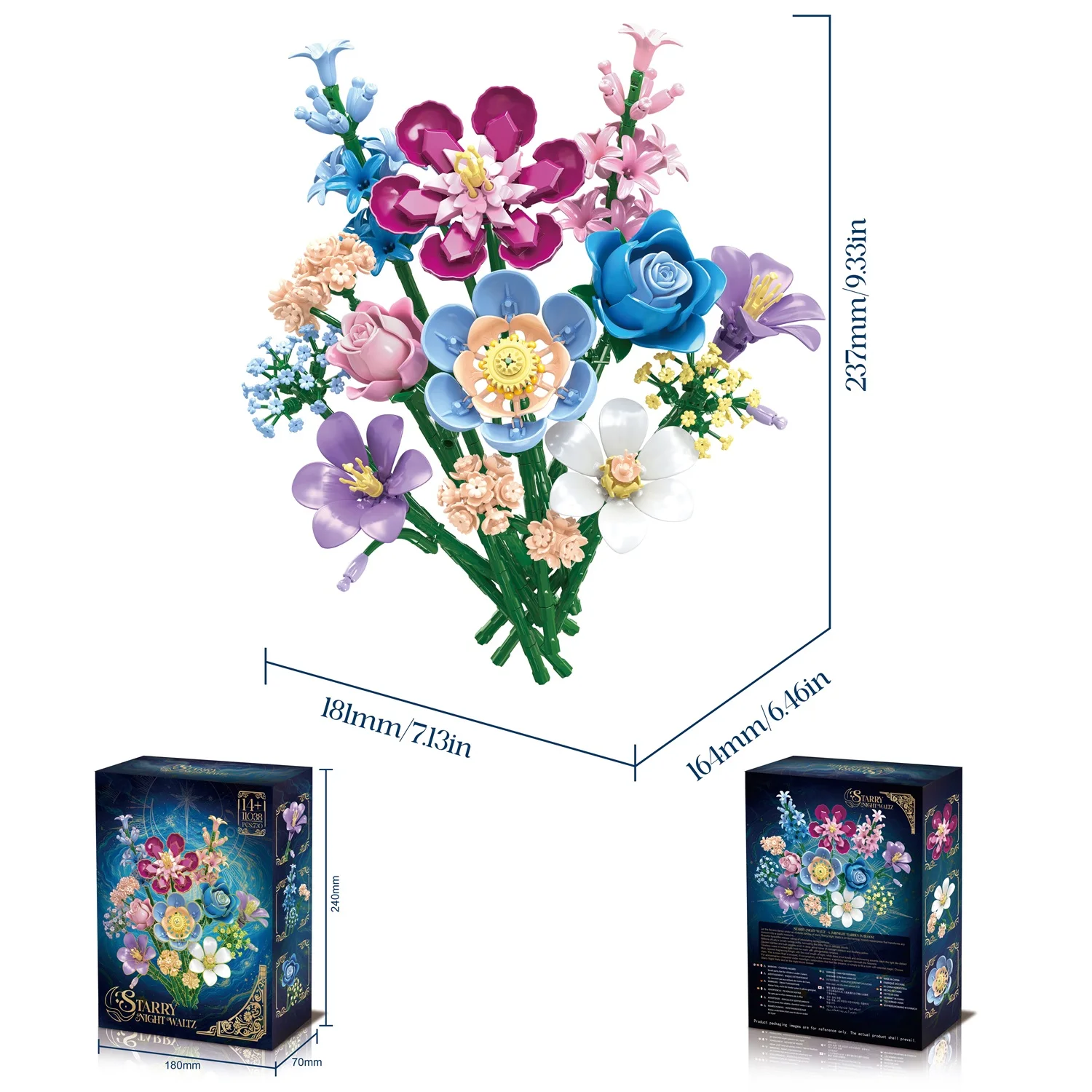 730-teiliger Baustein-Bouquet „Sternennachtwalzer“ mit konservierten Blumen, Valentinstags-/Muttertagsgeschenk für Sie, Spielzeug für Kinder und Erwachsene