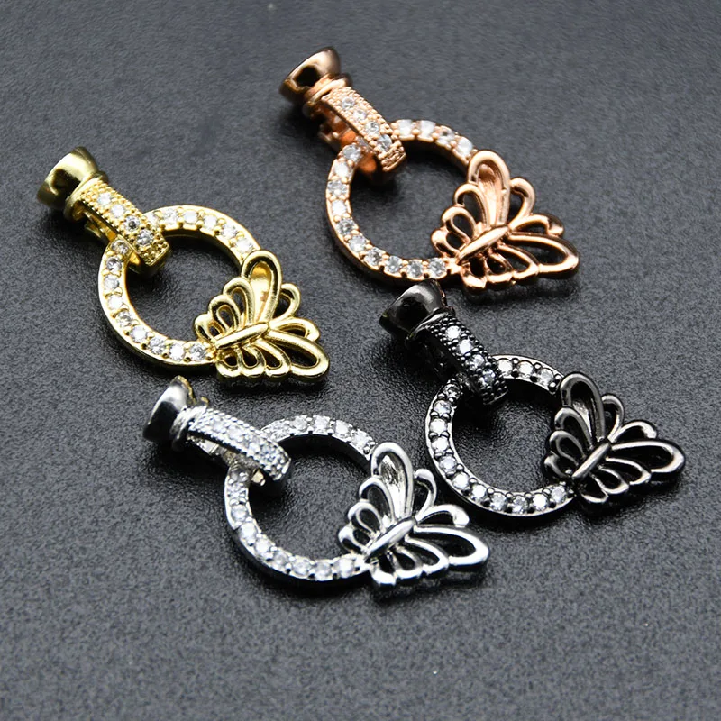 Unique Design Silver Gold Plated CZ Paved Big Size Hollow Butterfly Round Spring Clasps for Jewelry Making