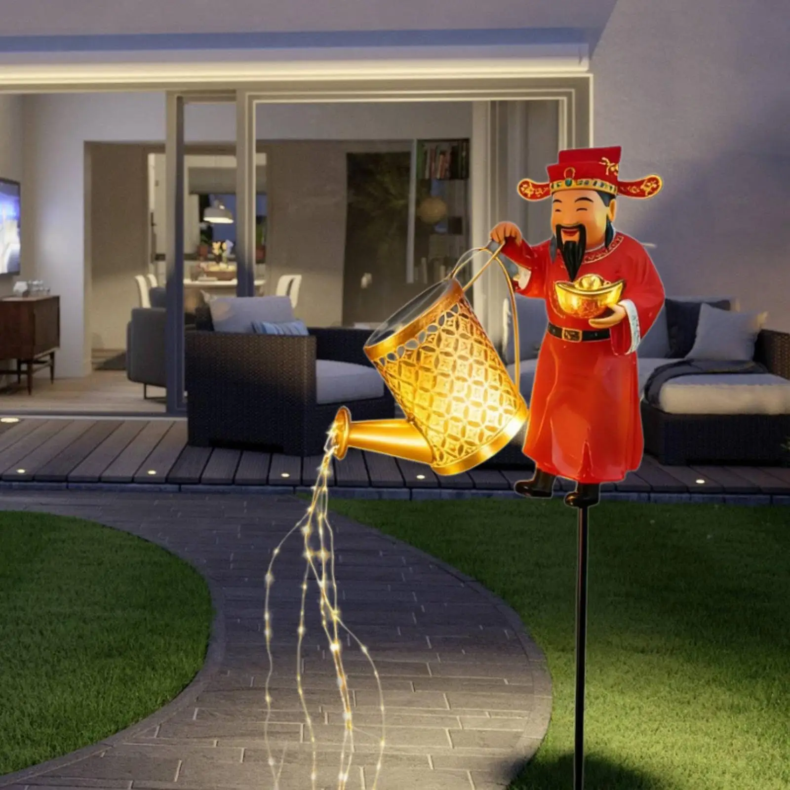 

Солнечный садовый светильник-фигурка Бога Богатства в виде металлической лейки для декора парков, улиц, дворов и газонов