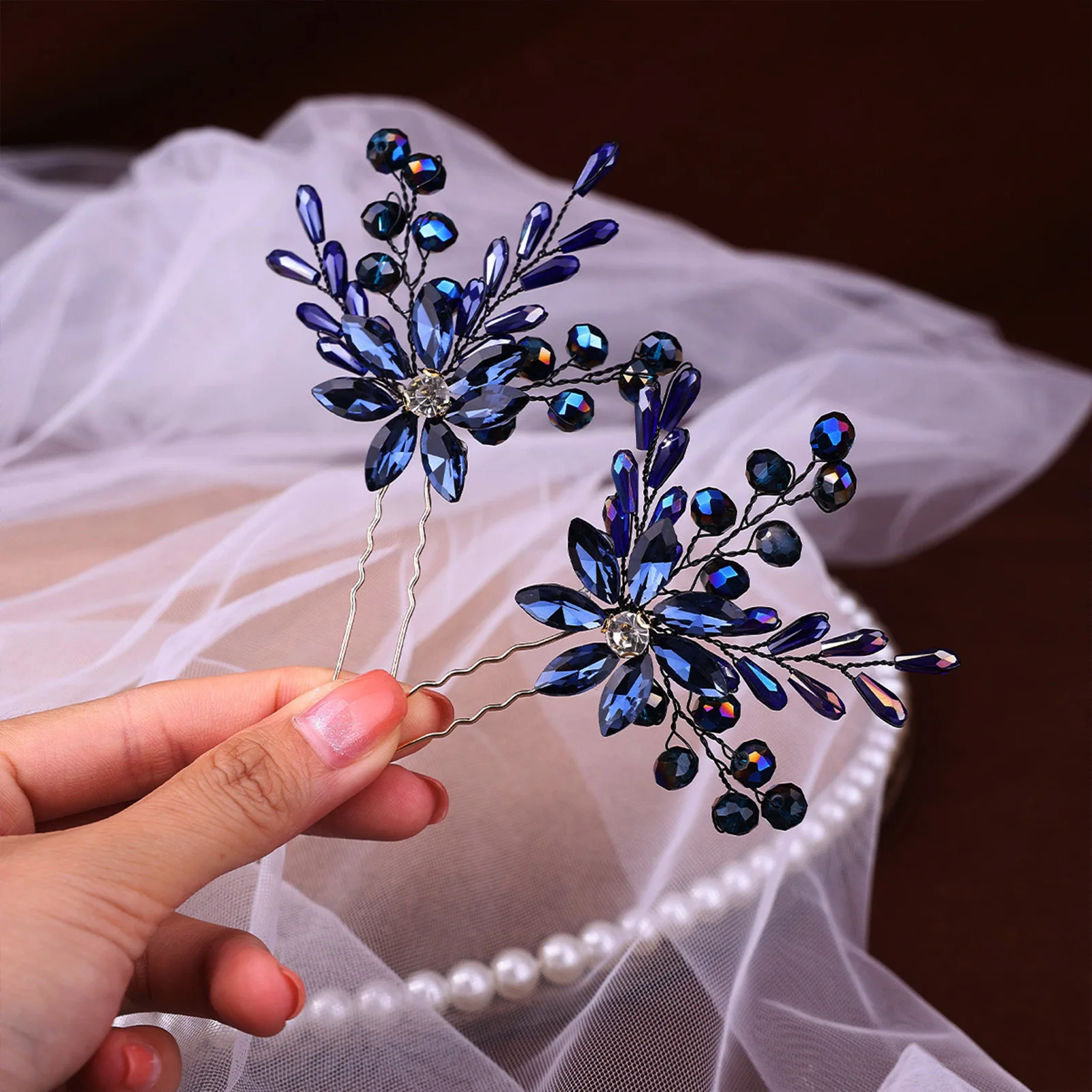 دبوس شعر على شكل حرف U مع مشط شعر ضيف الزفاف إكسسوارات الشعر الأزرق حجر الراين الخرز مشبك شعر أزياء الزفاف التيجان أغطية الرأس #3