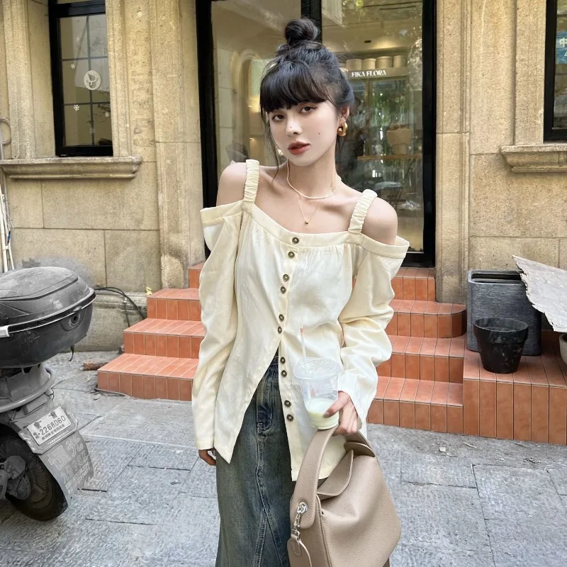 QWEEK Off Shoulder Blouses Women Sexy Oversized Pleated Shirts Korean Fashion Long Sleeve Top Streetwear Chic Vintage Aesthetic