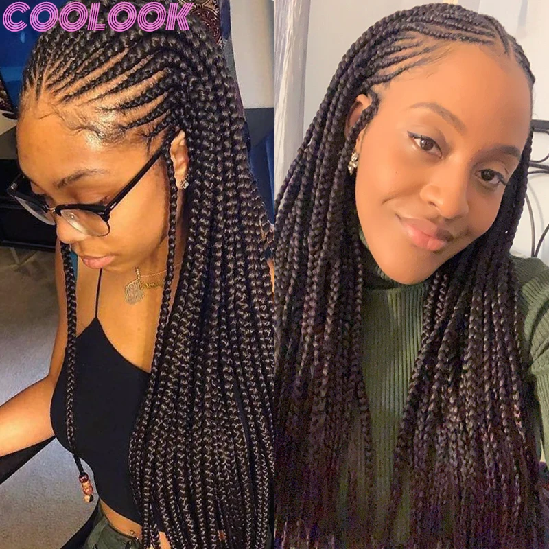 Black Synthetic Braids Lace Frontal Wig 36'' Cornrow Distressed Braided Wig with Jumbo Plaits Knotless Braid Wigs for Afro Women