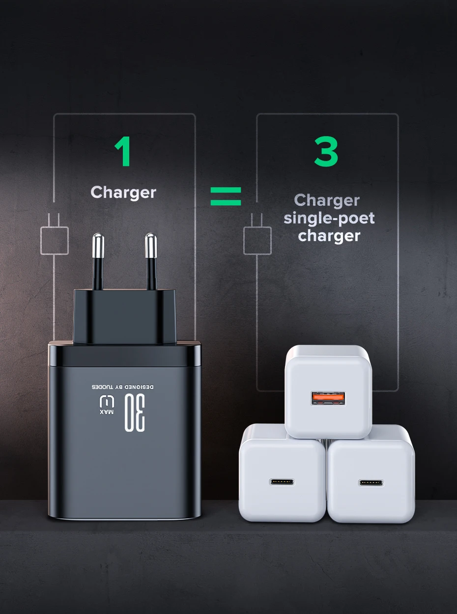 Tuodes 30W GaN USB Charger 3-Ports USB Type C Fast Charging PD3.0 Quick Charge Wall Adapter For iPhone 17 16 Samsung Xiaomi iPad
