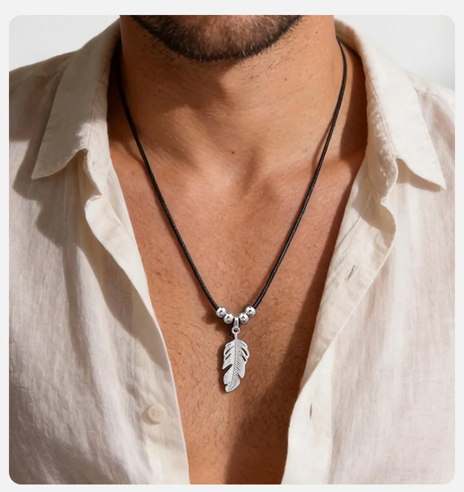 Vnox Edelstahl-Halskette mit Blatt-Anhänger, Boho-Feder-Charm-Kette, Schmuck für Männer und Frauen, silberfarben, verstellbarer Kragen, Geschenke – Detail 2
