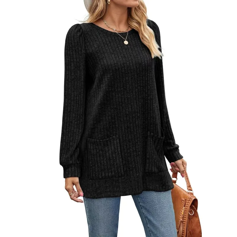 2023 Autumn and Winter Women\'s Pullover Round Neck Bubble Sleeve Solid Stripe Patchwork Pocket Loose Fashion Casual T-shirt Tops
