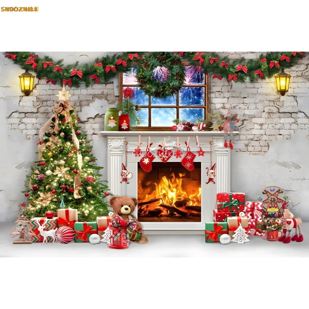 Merry Christmas Backdrop Xmas Tree Fireplace Gift Window Family Baby Portrait Party Photography Background Decor Photo Studio