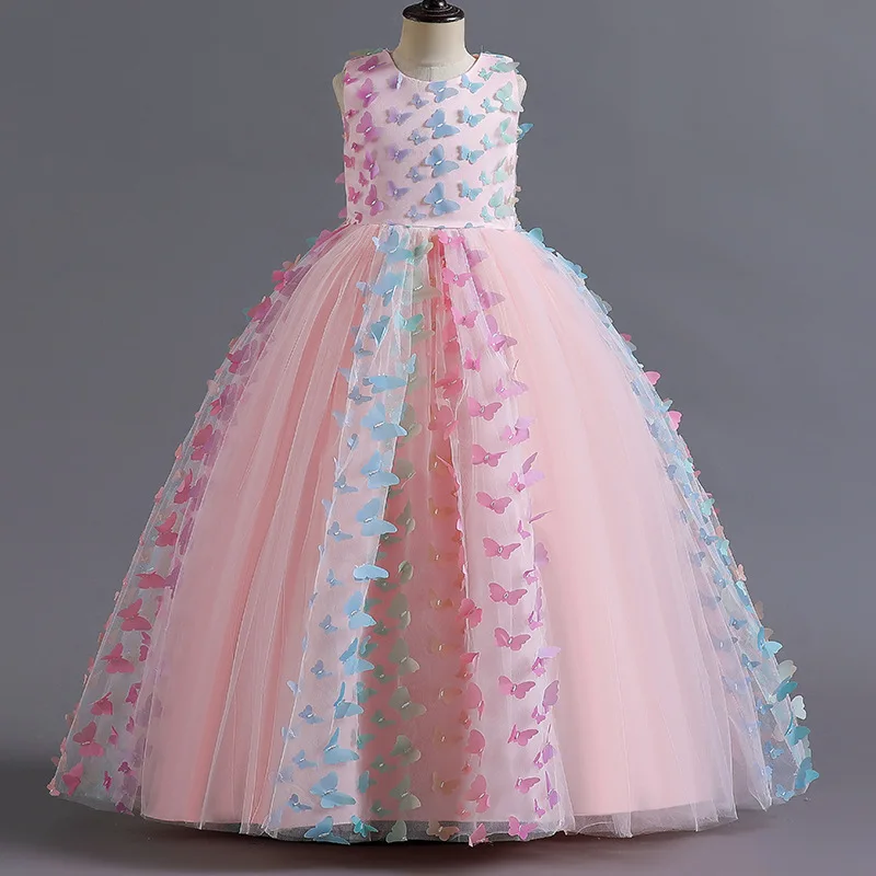 4-14 Years Girls Dresses A-line Butterfly Lace Kids Gown Bow Vestidos Wedding Party 4 6 8 10 12 14 Years Kids Clothes OGF224434