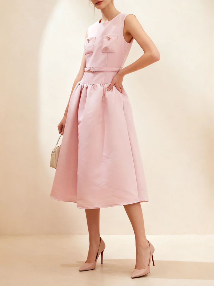 VGH Rosa Farbe Elegantes Midikleid für Frauen Rundhals Ärmellos Patchwork Schärpen Tunika Süße Party-Stil Kleider Weiblicher Stil