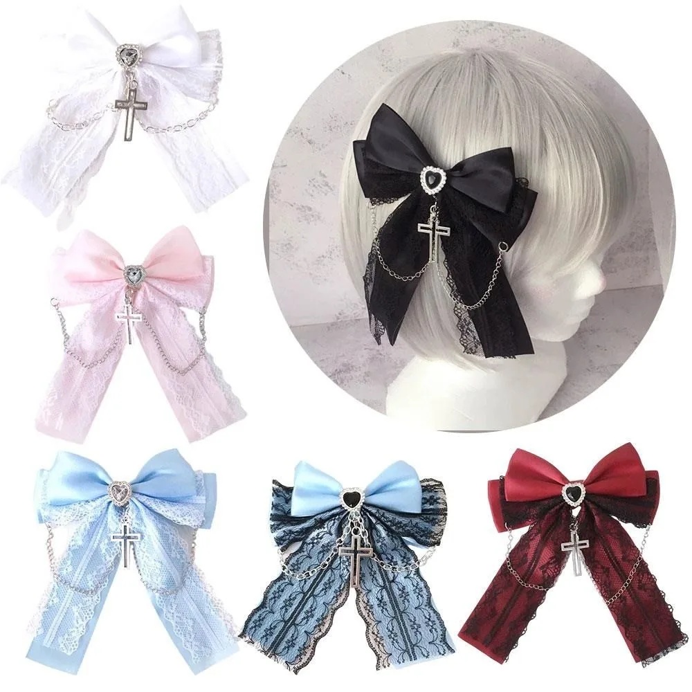 Cute Bow Cross Pendant Gothic Hair Clip Bag Charm Japanese Style Lolita Hair Accessories Exquisite Lace Design Y2K Hair Clip