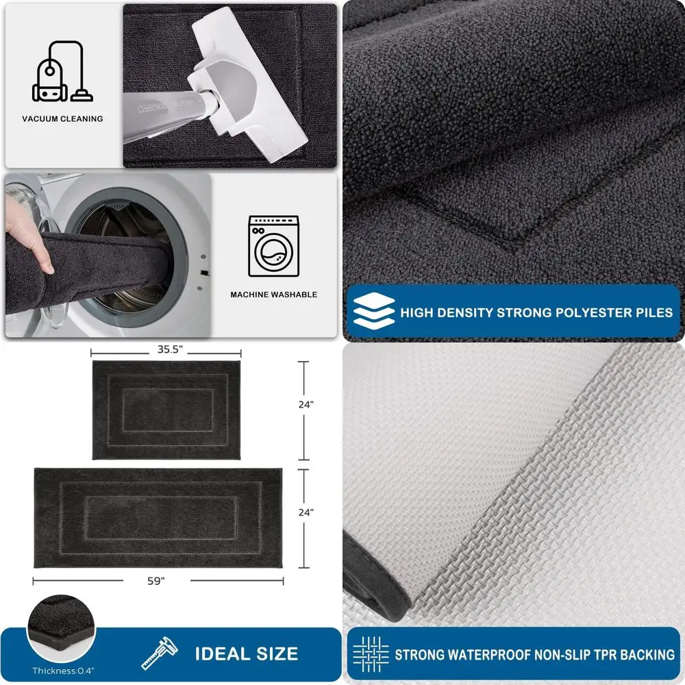 

Set of 2 Machine Washable Kitchen Rugs (24 x 35.5 + 24 x 59), Non-Slip Mats, Absorbent Kitchen Runners for Laundry and Sink, Cha