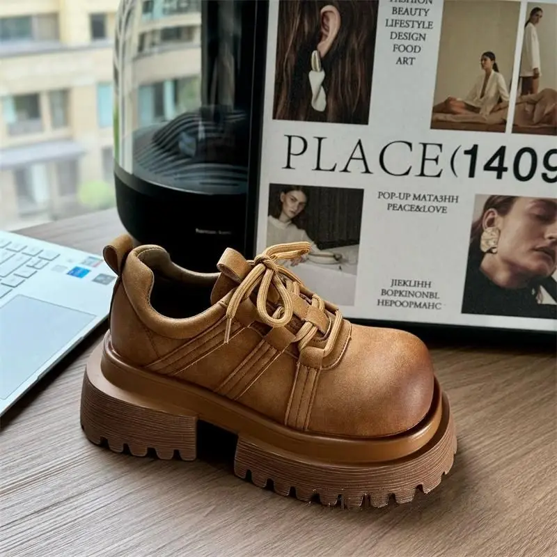 

Retro Big Head and Small Leather Women's 2024 New British Style Small Man Height-increasing Platform Loafers Shoes