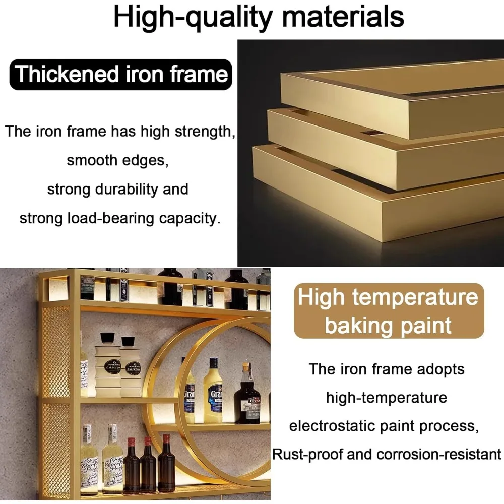 ชั้นวางไวน์ติดผนังแบบโมเดิร์น พร้อมไฟ LED และที่แขวนแก้วไวน์, ชั้นวางเหล้าแบบเหล็ก, ชั้นวางไวน์ติดผนังแบบลอย, บาร์