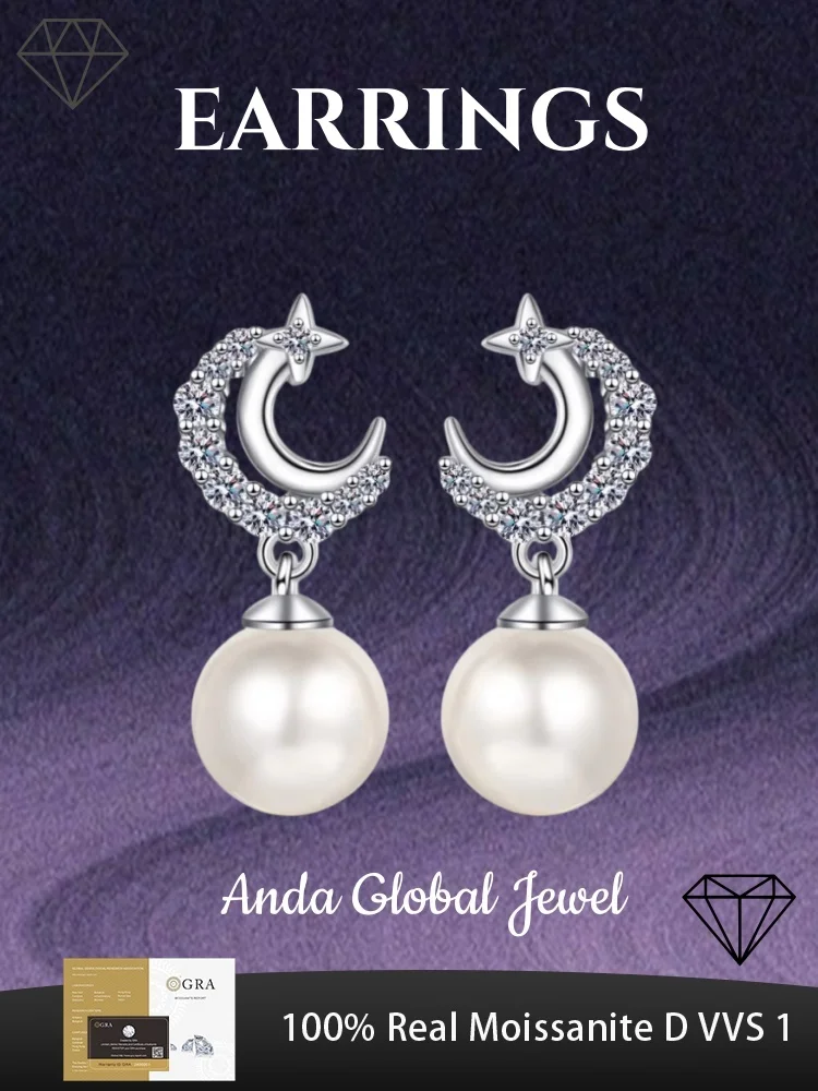 

Moissanite 925 Sterling Silver Pearl Star and Moon Earrings Are Fashionable and Suitable for Women To Wear As Daily Luxury Gifts