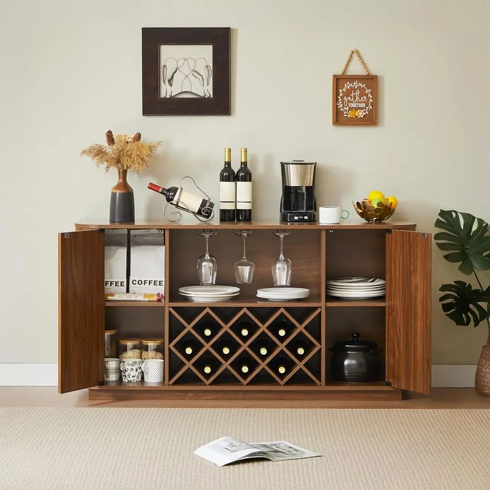 

Modern 58 Wave-Style Buffet Cabinet with Wine & Coffee Bar, Sturdy MDF Construction, Simple Assembly (Walnut)